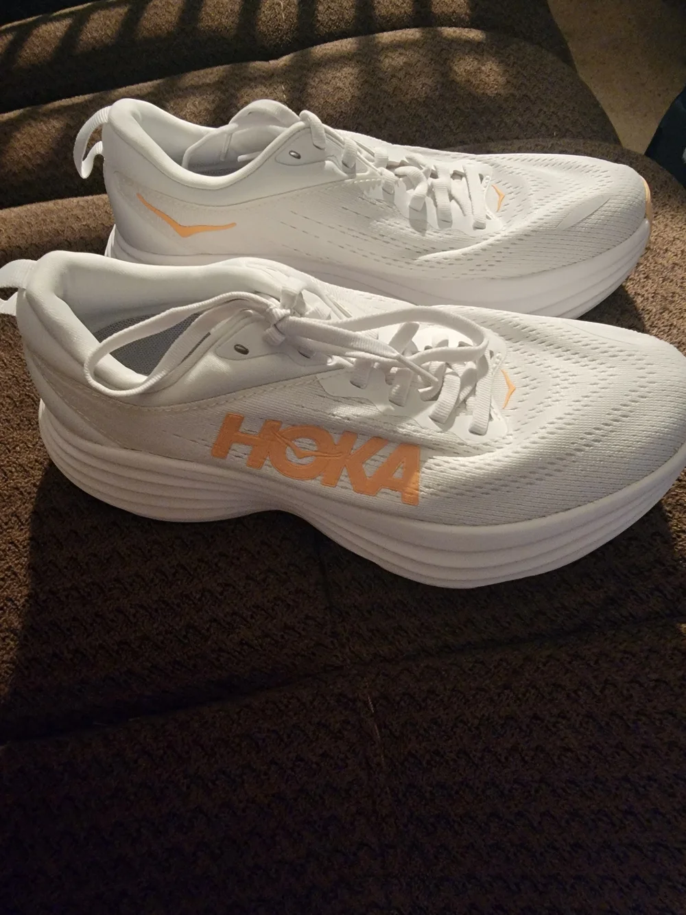 Hoka BONDI 8 Women's White Athletic Sneakers with Peach Accents